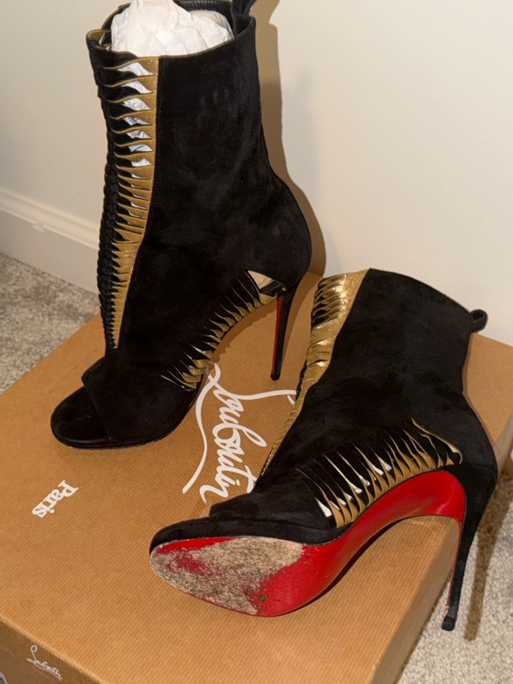 Christian Louboutin Black & Gold Suede Peep-Toe Booties